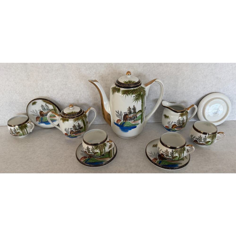 Kutani Lithophane Tea Set, Geisha Demitasse Cups